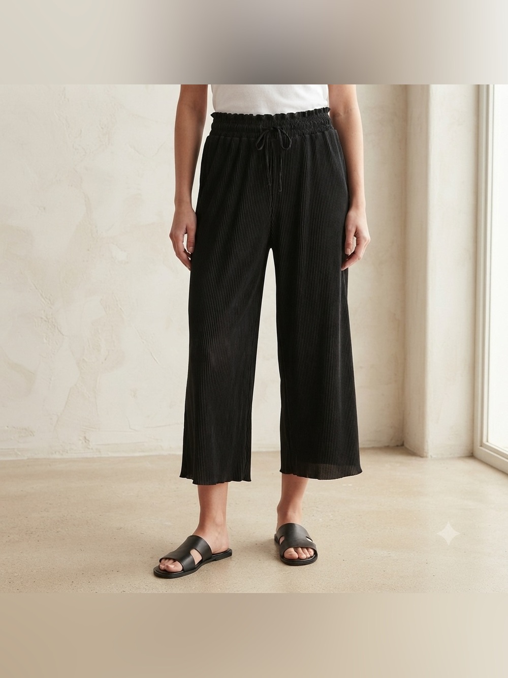 Lily Morgan Black Plisse Pleated Wide Leg Cropped Pants Size 1X